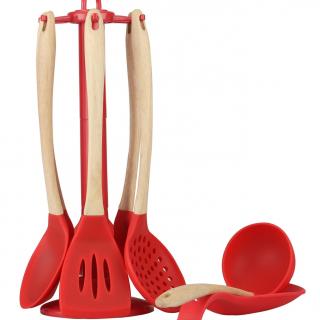 Non-stick wooden handle silicone kitchen utensils seven-piece set with cutlery rack