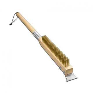 A modern and simple cleaning brush with a steel scraper and brass bristles