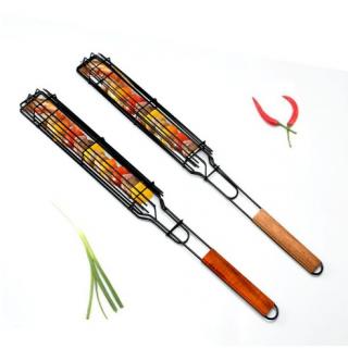 Grill Iron grill mesh hot dog grill tongs Wooden handle sausage grill cage thickened grill cage tongs